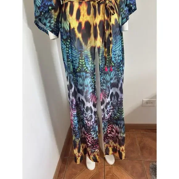 Boho Maxi Kimono Kaftan Women Leopard Butterfly Print Sheer Beaded Cover Up L/XL - Picture 4 of 16
